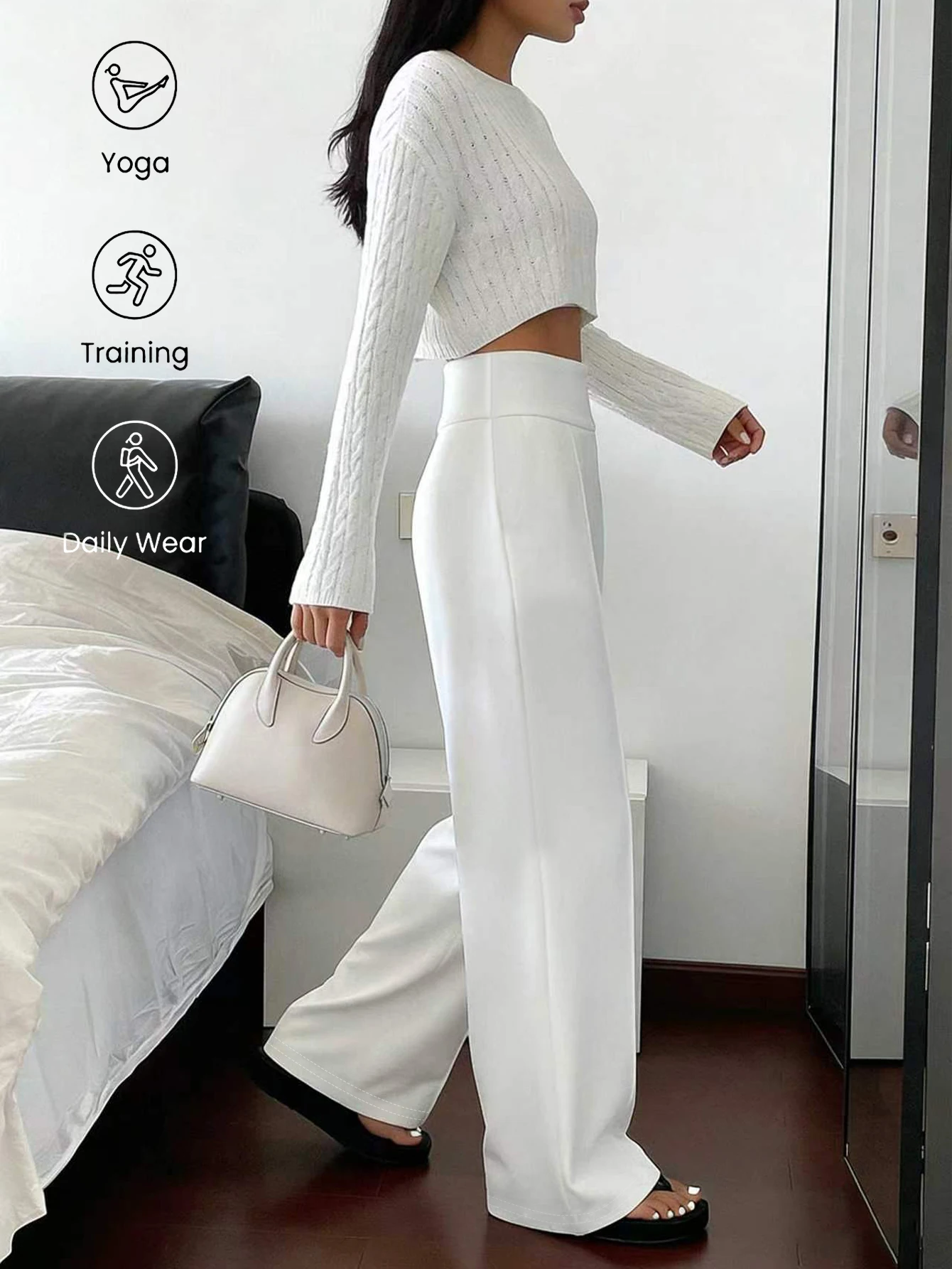Women Loose Straight Leg Pants Minimalist White Casual Long Pants Slimming Cargo Pants With Stripe Design Standard Size Suitable
