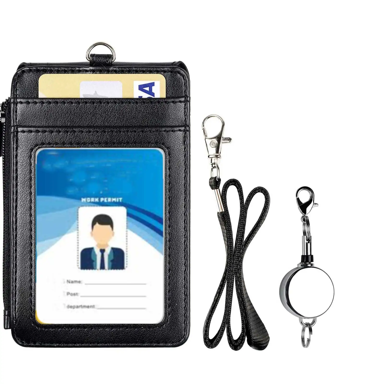 Leather Badge Holder with Lanyard and Retractable Badge Reel, 4 Card Slots ID Card Holder with 1 Zipper Pocket for Office School