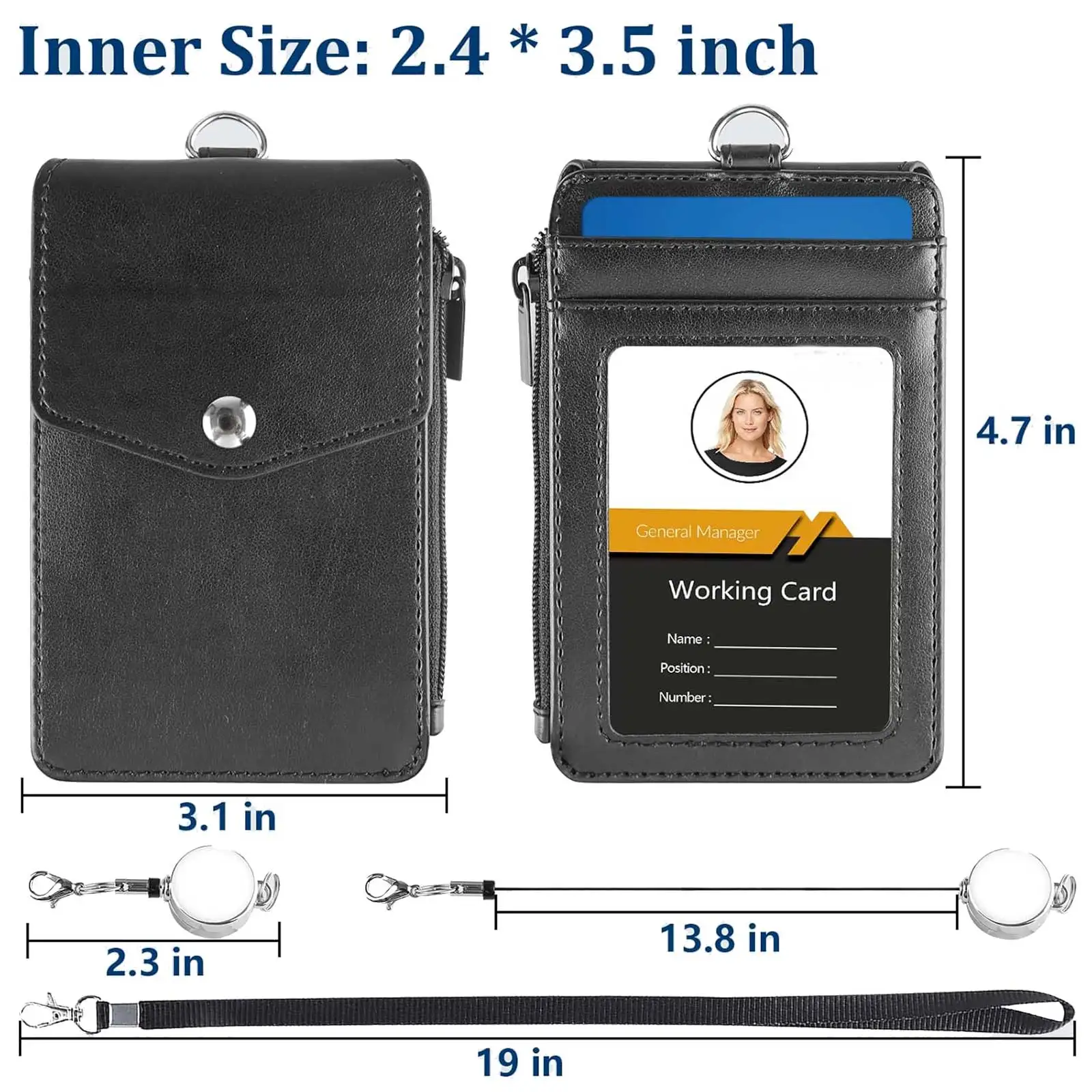 Leather Badge Holder with Lanyard and Retractable Badge Reel, 4 Card Slots ID Card Holder with 1 Zipper Pocket for Office School