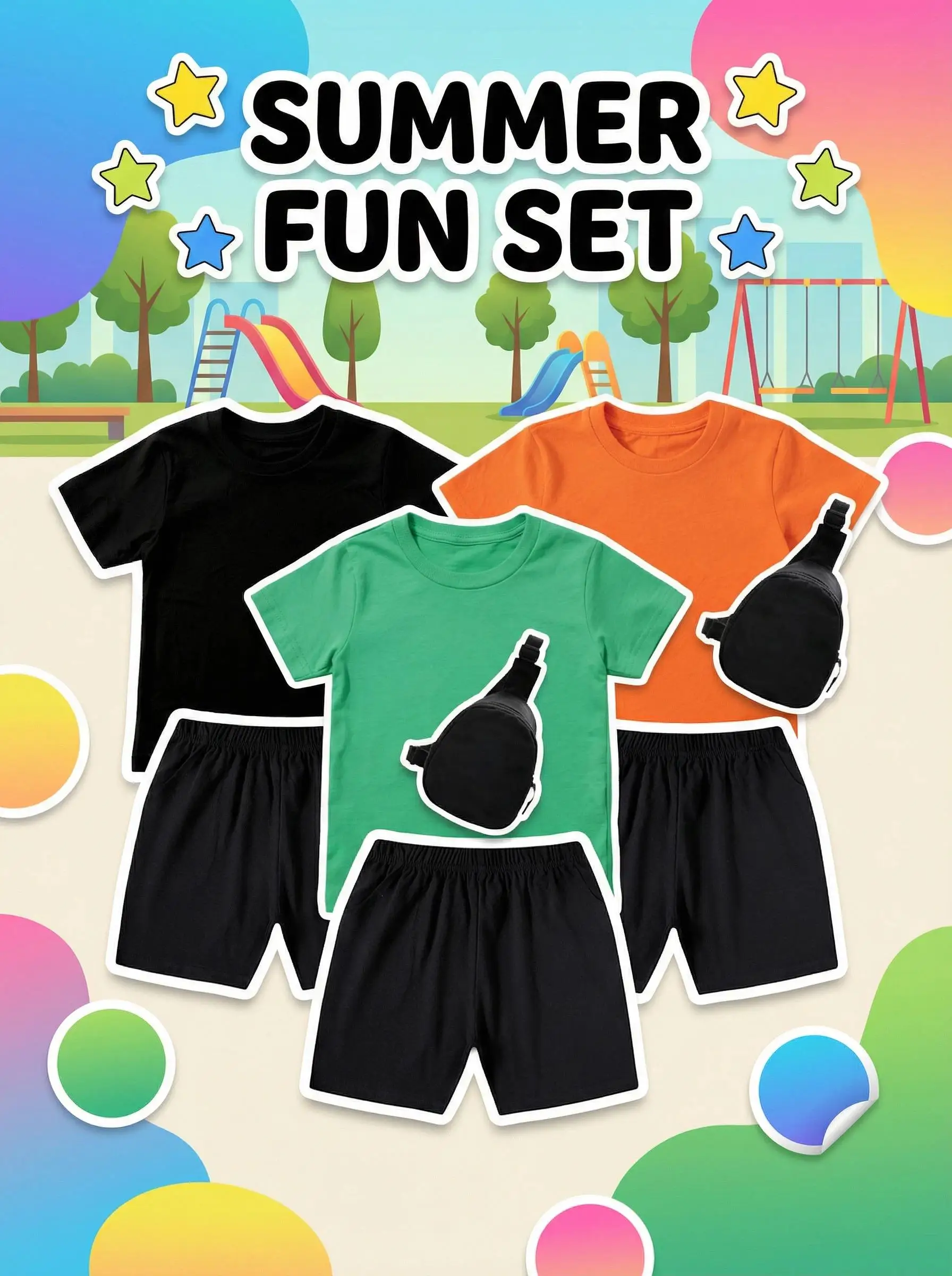 Full Metal Alchemist Alphonse Anime Print Cotton Kids Outfit Boys Girls T Shirt Shorts Mini Chest Bag 3Pcs Set