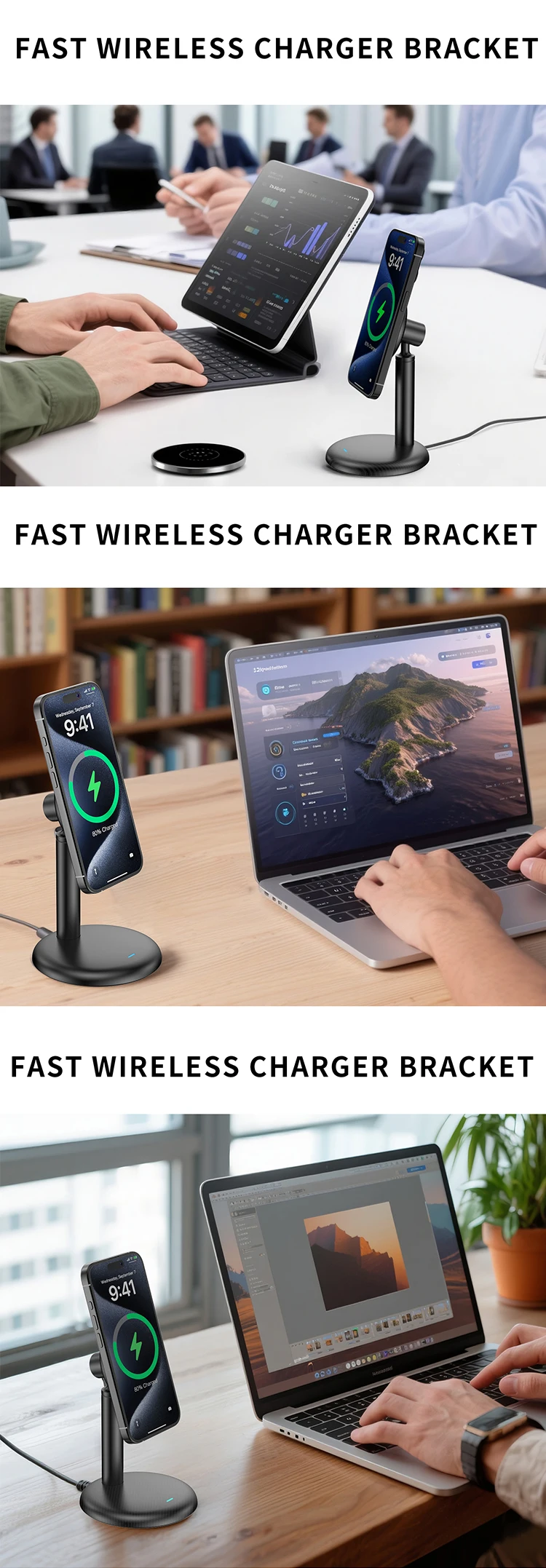 Newest Product in 2026 Desktop Wireless Charger Stand for iphone Samsung Office Home Travel Magnetic Wireless Charger Holder