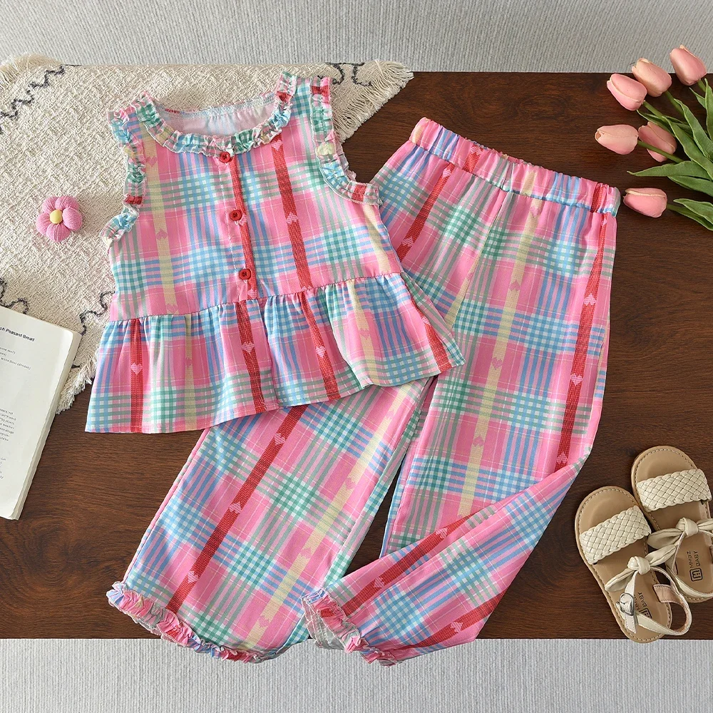 Colorful Cute Checkered Set Summer New Style Girls Aged 3-10 Wear Street Style Korean Edition Fashion Casual Children's Clothing
