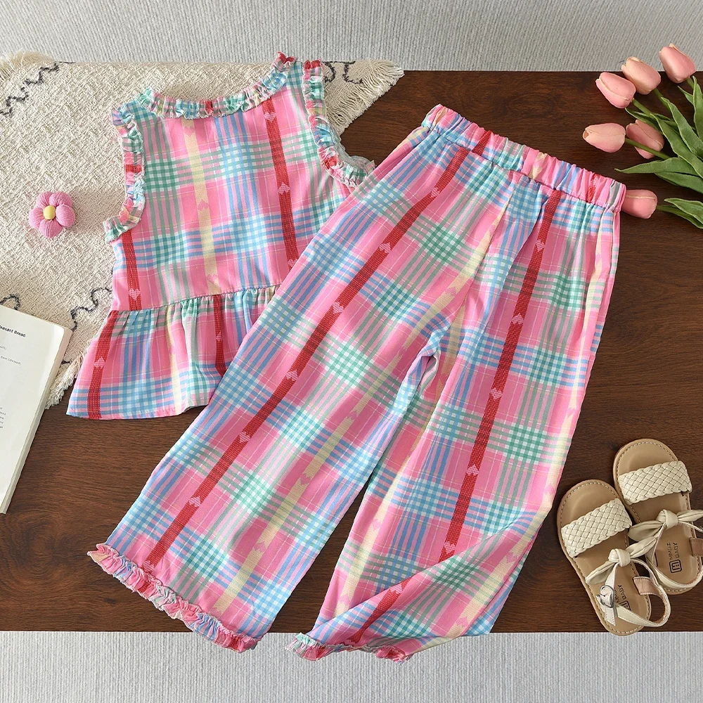 Colorful Cute Checkered Set Summer New Style Girls Aged 3-10 Wear Street Style Korean Edition Fashion Casual Children's Clothing