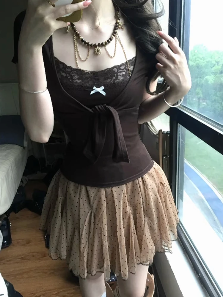 Genayooa Japanese Y2k Two Pieces Tops Women Short Sleeve Lace Patchwork Camis + Lace Up Smock Fairycore 2000s Tee Tops E-girls