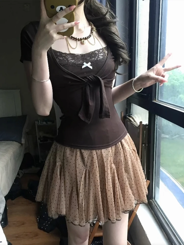 Genayooa Japanese Y2k Two Pieces Tops Women Short Sleeve Lace Patchwork Camis + Lace Up Smock Fairycore 2000s Tee Tops E-girls