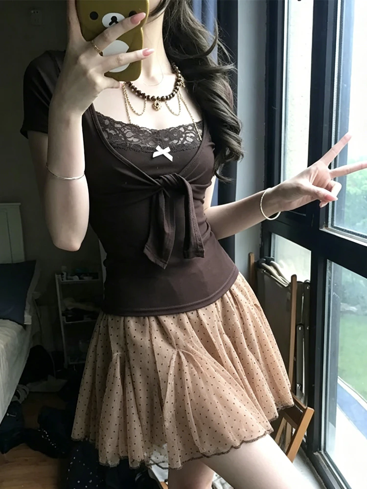 Genayooa Japanese Y2k Two Pieces Tops Women Short Sleeve Lace Patchwork Camis + Lace Up Smock Fairycore 2000s Tee Tops E-girls