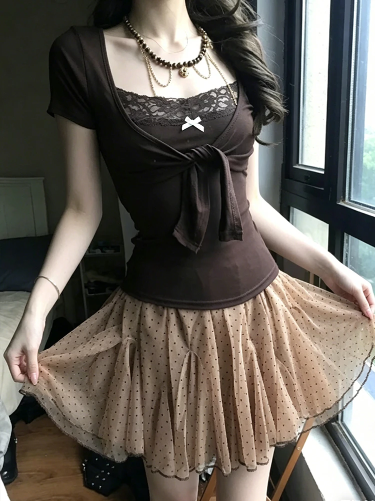 Genayooa Japanese Y2k Two Pieces Tops Women Short Sleeve Lace Patchwork Camis + Lace Up Smock Fairycore 2000s Tee Tops E-girls