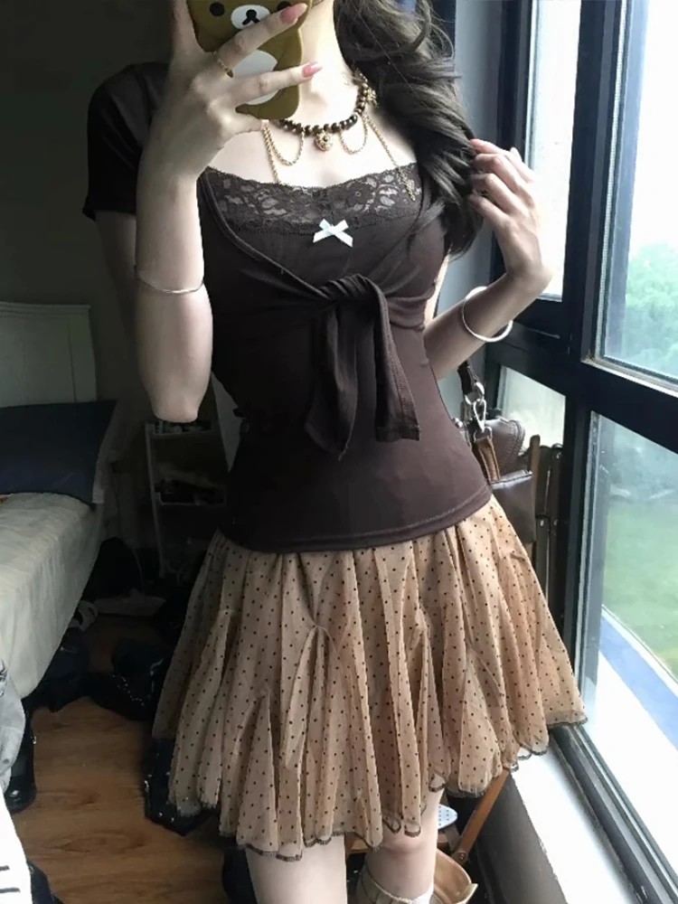Genayooa Japanese Y2k Two Pieces Tops Women Short Sleeve Lace Patchwork Camis + Lace Up Smock Fairycore 2000s Tee Tops E-girls