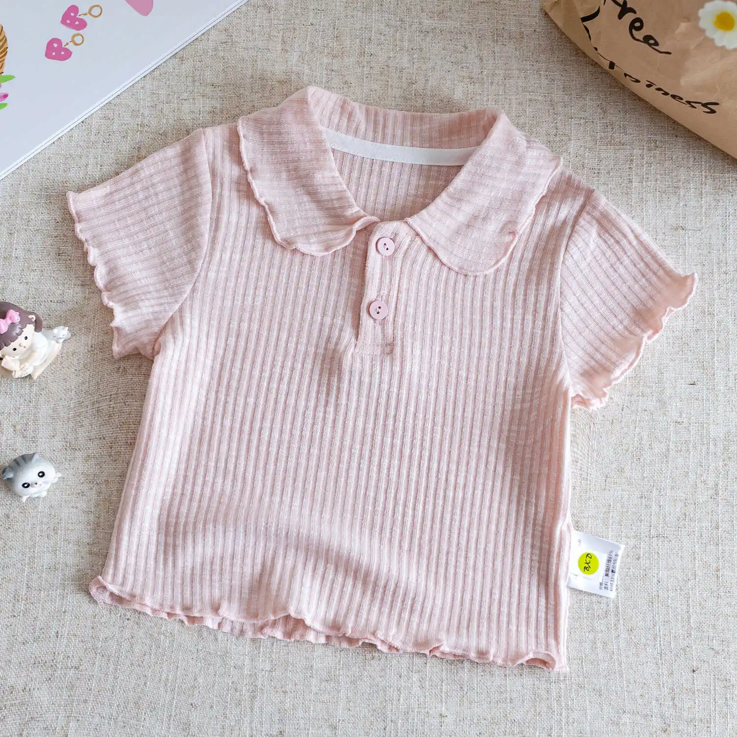 Girls' Short-Sleeve T-Shirt, Summer Korean-Style Sweet Doll Collar Top for Young Girls, Fashionable Base Layer for Toddlers