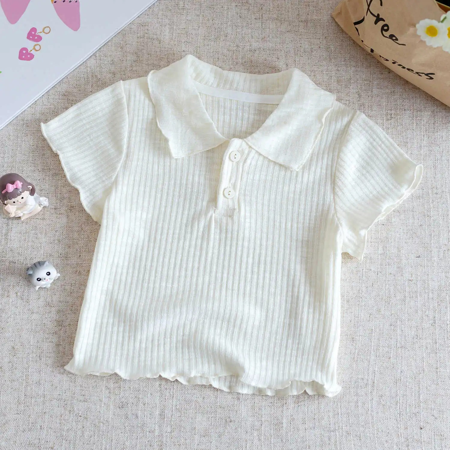 Girls' Short-Sleeve T-Shirt, Summer Korean-Style Sweet Doll Collar Top for Young Girls, Fashionable Base Layer for Toddlers