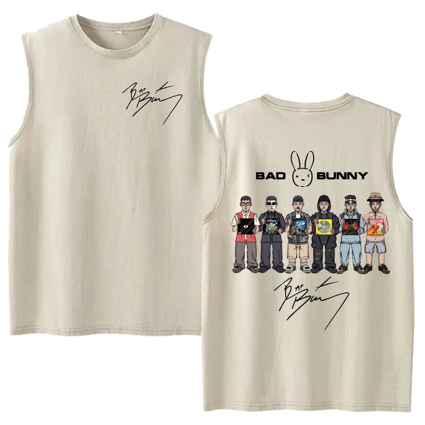 Vintage Washed Fashion Vest Bad Bunny Trendy Graphics Letters Print Mens Clothes Streetwear Harajuku Oversized Casual Tank Tops