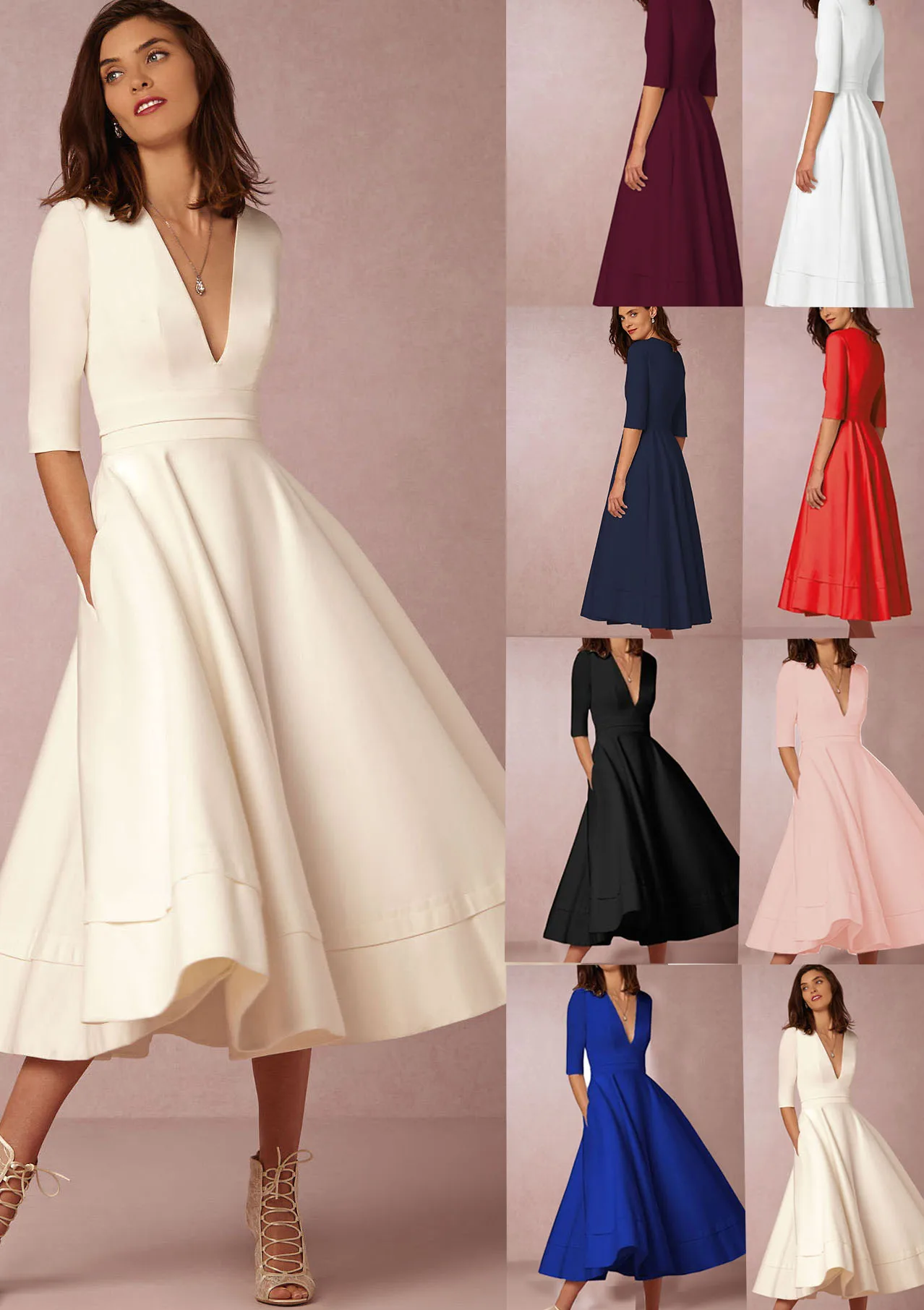 New Women Dress Long Fashion Vacation Party Dresses Short Sleeve V-neck Slit Solid High Quality Vestidos Femme 2024