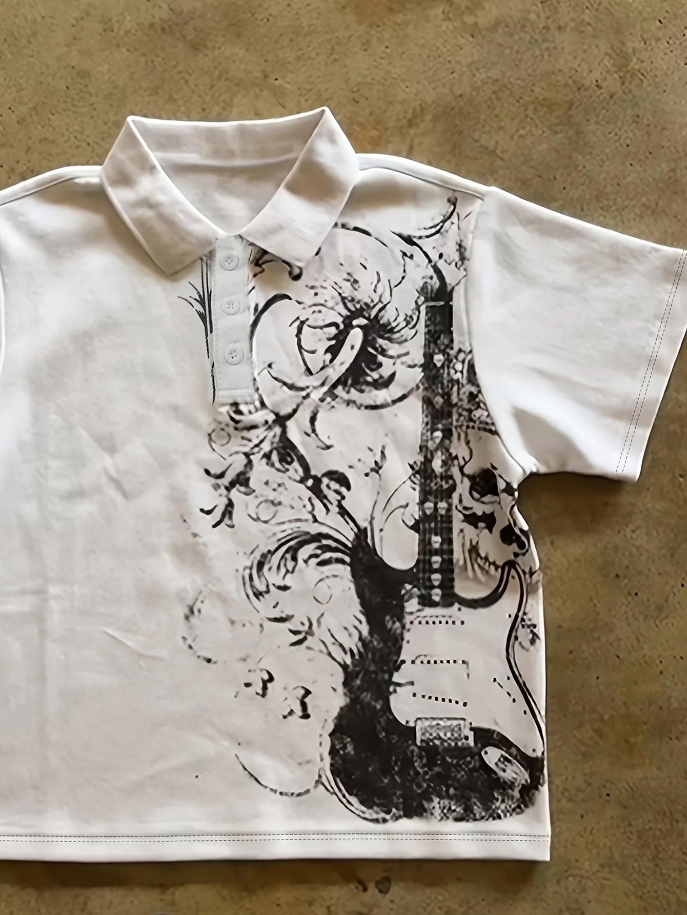 Men's White Short-sleeved Polo Shirt with Punk Guitar Print, Y2K American Trendy Streetwear, Fashionable Retro Classic Shirt.