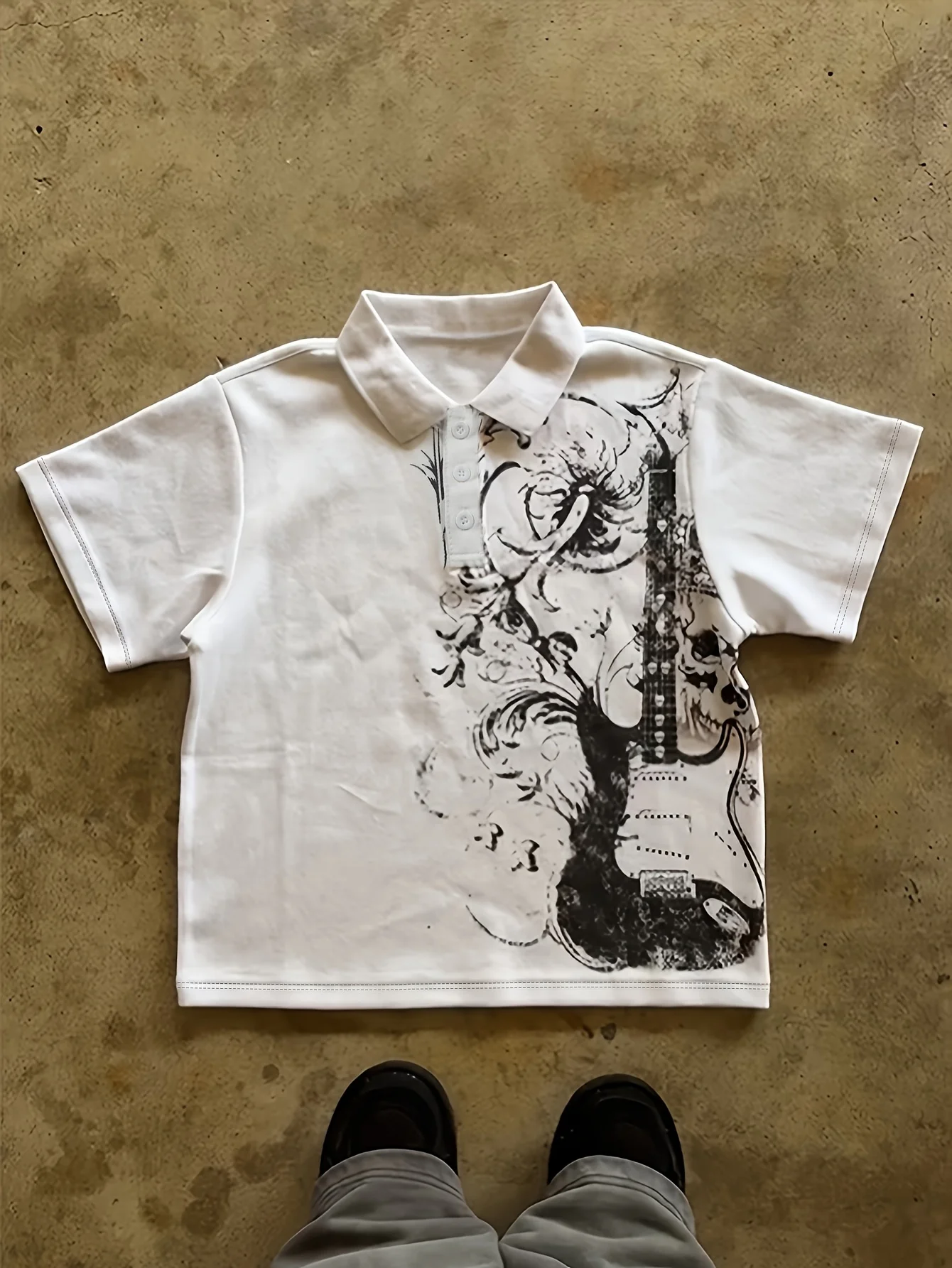 Men's White Short-sleeved Polo Shirt with Punk Guitar Print, Y2K American Trendy Streetwear, Fashionable Retro Classic Shirt.