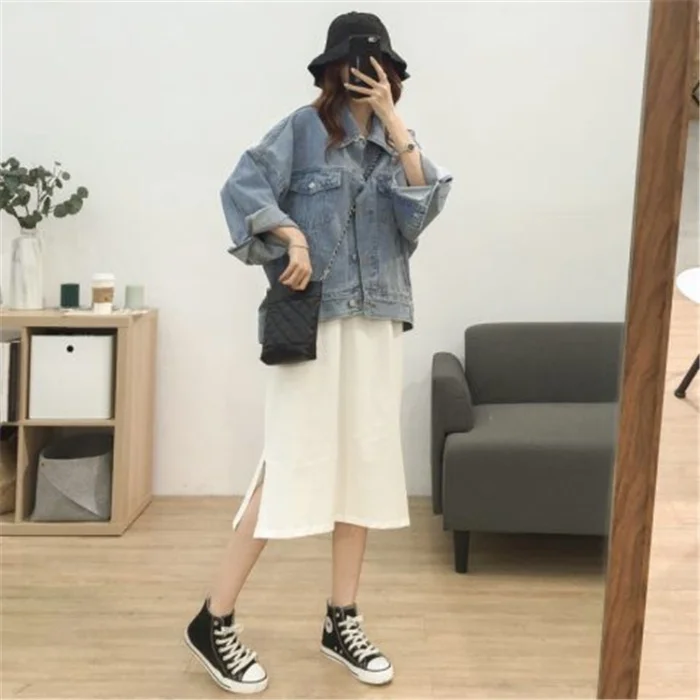 New Korean Short-sleeve Solid Color Side Cut Cotton Maxi Dresses Female Student Loose Basic Round Neck Style Long Dress