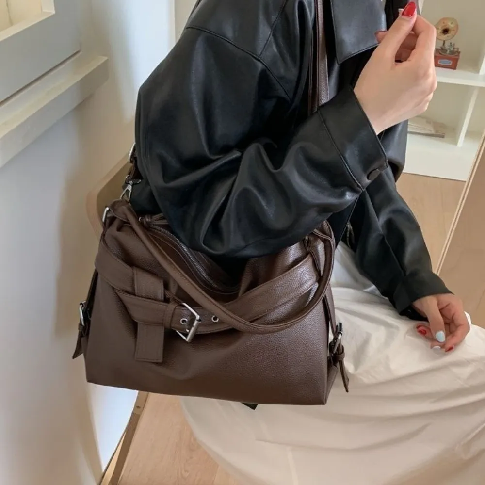 Fashionable Large Capacity Shoulder Bag Black Soft Leather Motorcycle Handbag Tote Bag Women