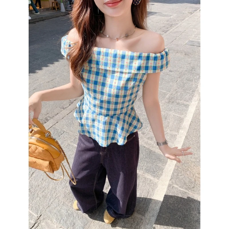 Women's Off Shoulder Gingham Blouse Summer Slim Fit Plaid Floral Print Short Sleeve Peplum Top Blue
