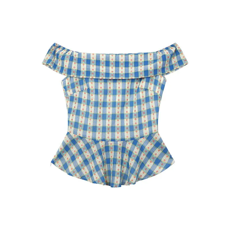 Women's Off Shoulder Gingham Blouse Summer Slim Fit Plaid Floral Print Short Sleeve Peplum Top Blue