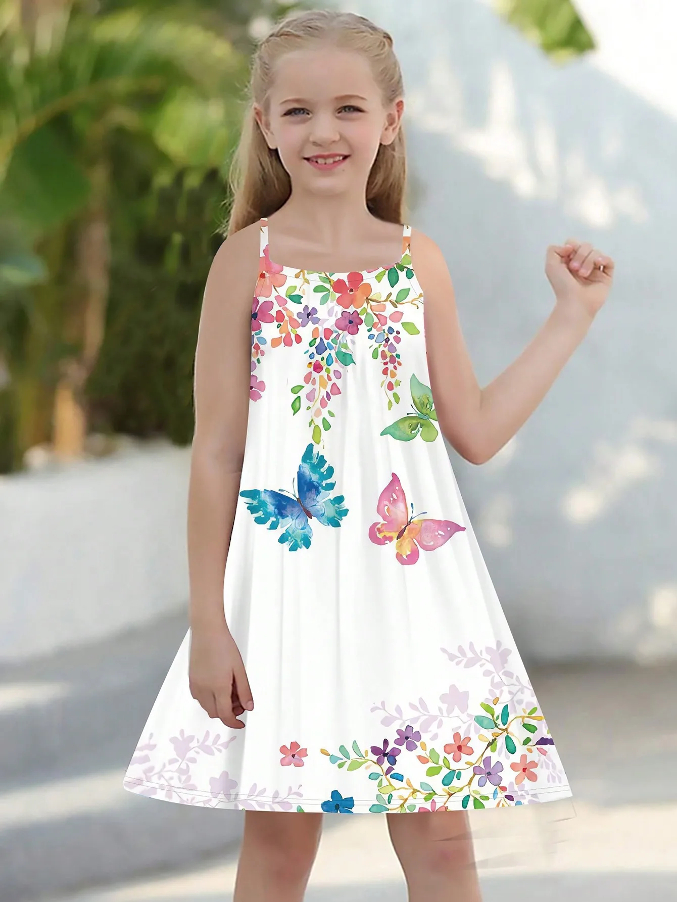 Girls Spaghetti Strap Dress, Butterfly Floral Print Criss Cross Back Soft Sundress for Spring Summer Beach Holiday Kids Wear