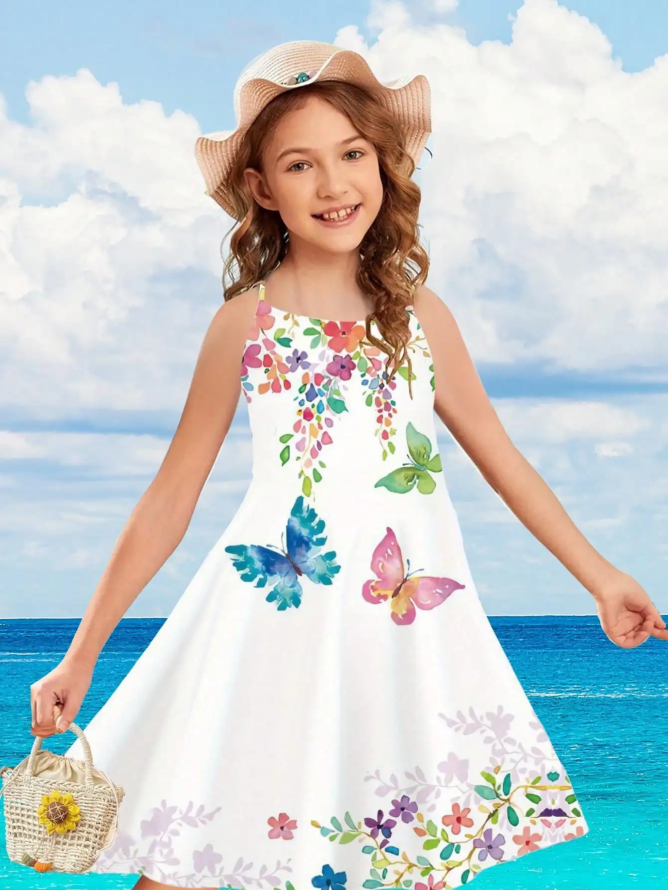 Girls Spaghetti Strap Dress, Butterfly Floral Print Criss Cross Back Soft Sundress for Spring Summer Beach Holiday Kids Wear