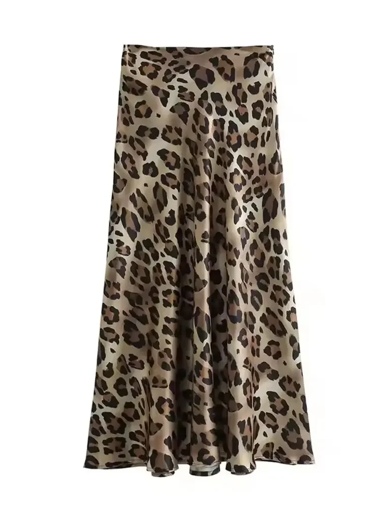 HH Women Summer 2026 Casual Loose Leopard Print Skirt Elegant Vintage Satin A-Line Flowy Long Skirt Party Beach Chic Skirts