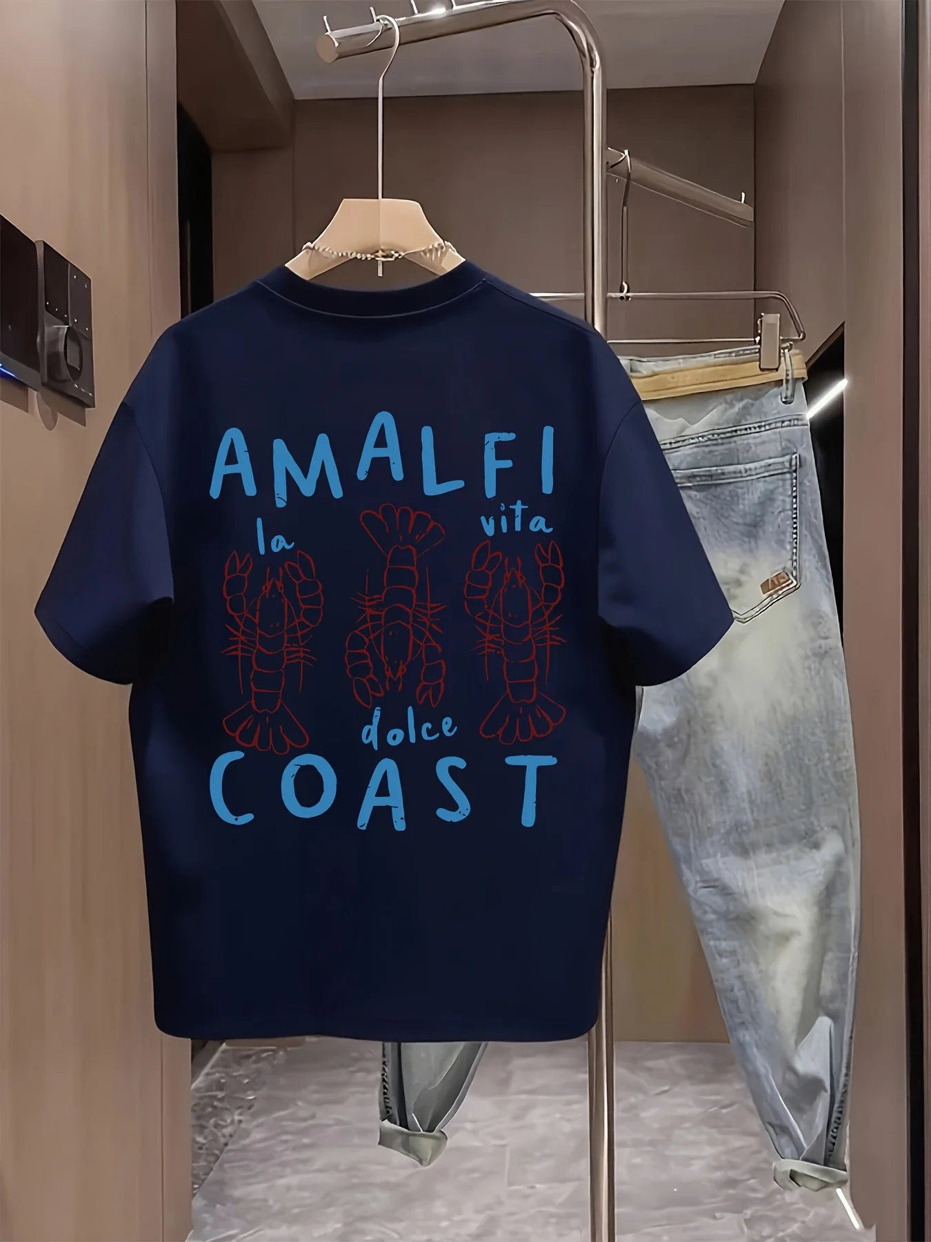 Amalfi Coast Men's T-shirt Lobster Graphic Casual Cotton Short Sleeve Tops Summer Streetwear