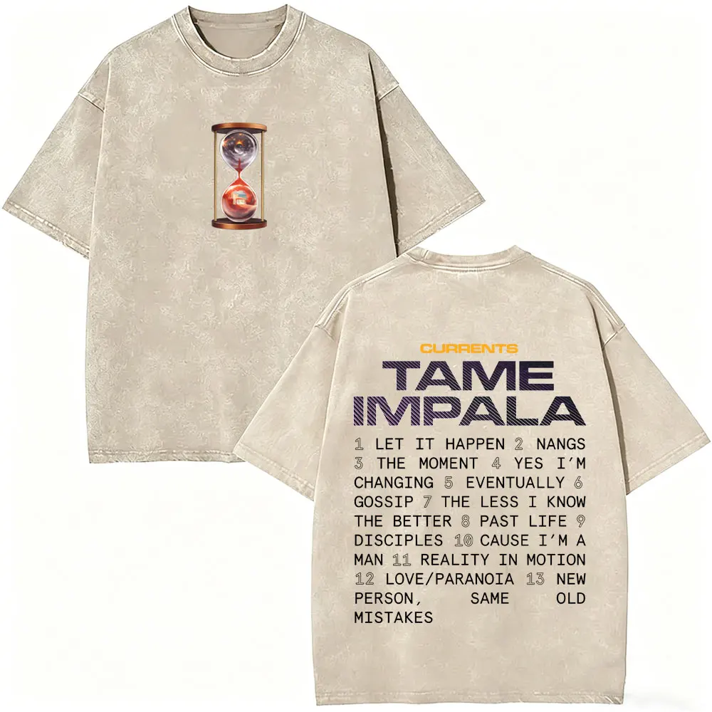 Pop Rock Band Tame Impala Currents Vintage Acid Washed T Shirt Men Women Casual Cotton Oversized Short Sleeve T-shirt Streetwear