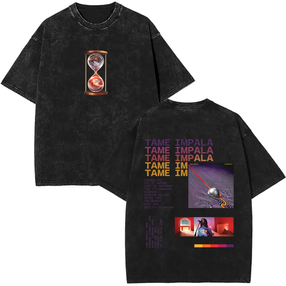 Pop Rock Band Tame Impala Currents Vintage Acid Washed T Shirt Men Women Casual Cotton Oversized Short Sleeve T-shirt Streetwear