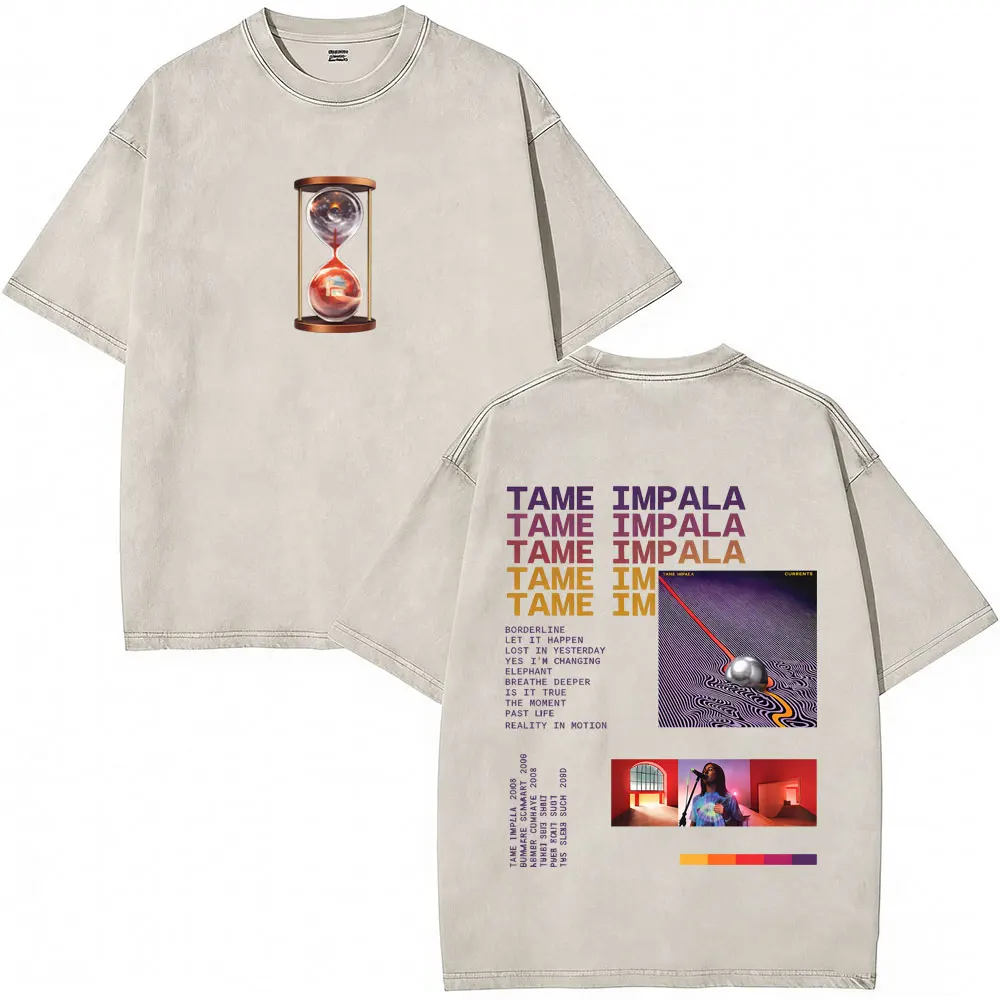 Pop Rock Band Tame Impala Currents Vintage Acid Washed T Shirt Men Women Casual Cotton Oversized Short Sleeve T-shirt Streetwear