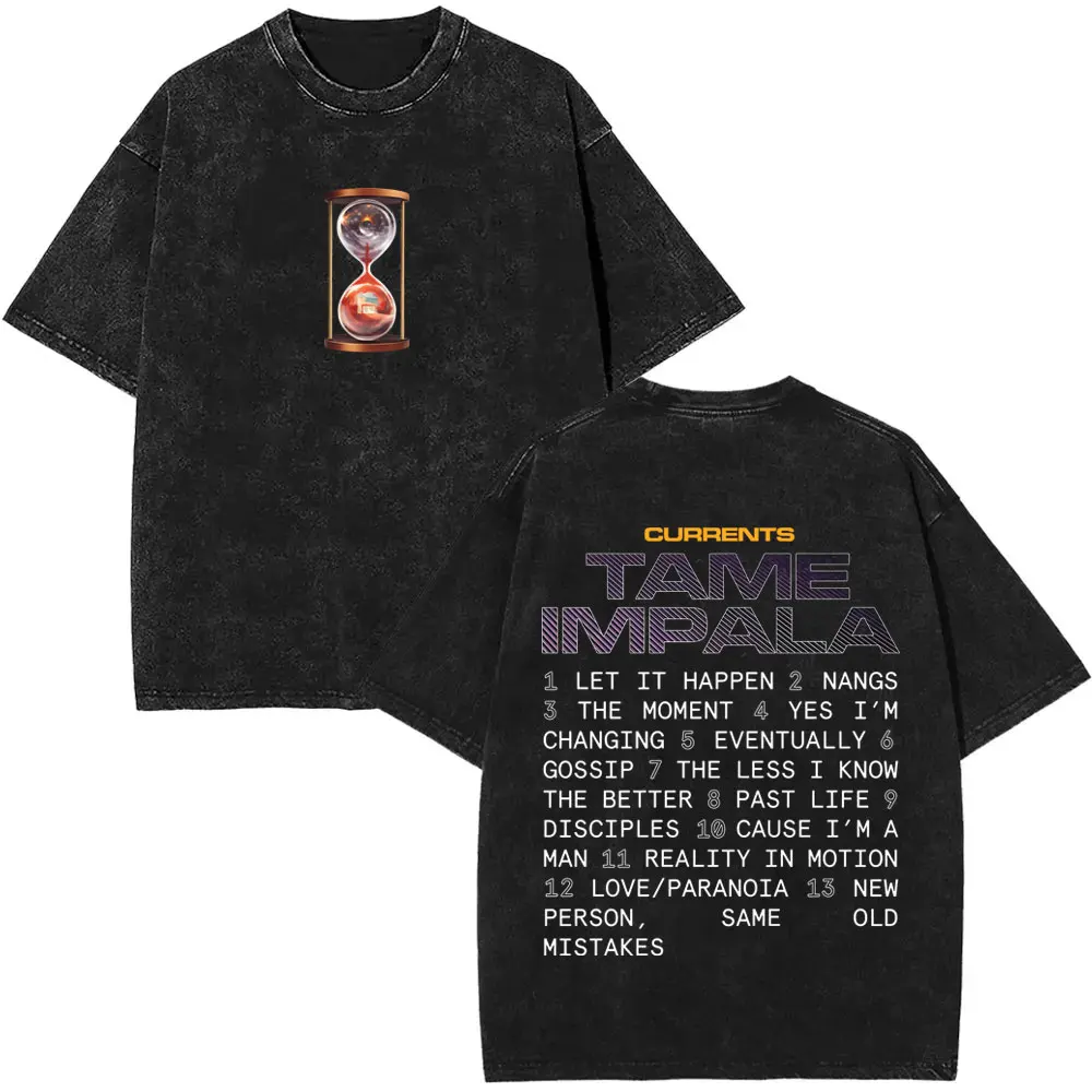 Pop Rock Band Tame Impala Currents Vintage Acid Washed T Shirt Men Women Casual Cotton Oversized Short Sleeve T-shirt Streetwear