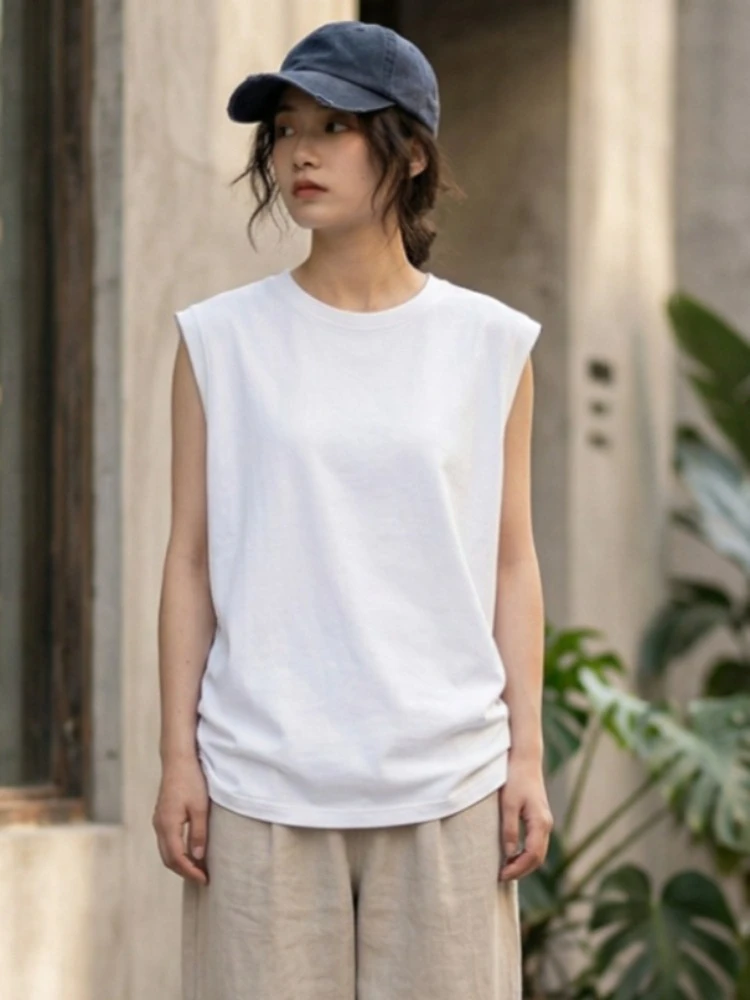 Solid Color Ribbed Cuff Women's Tank Top 2026 Summer Cotton O-Neck Sleeveless Vest Loose Casual Versatile Streetwear Camisole