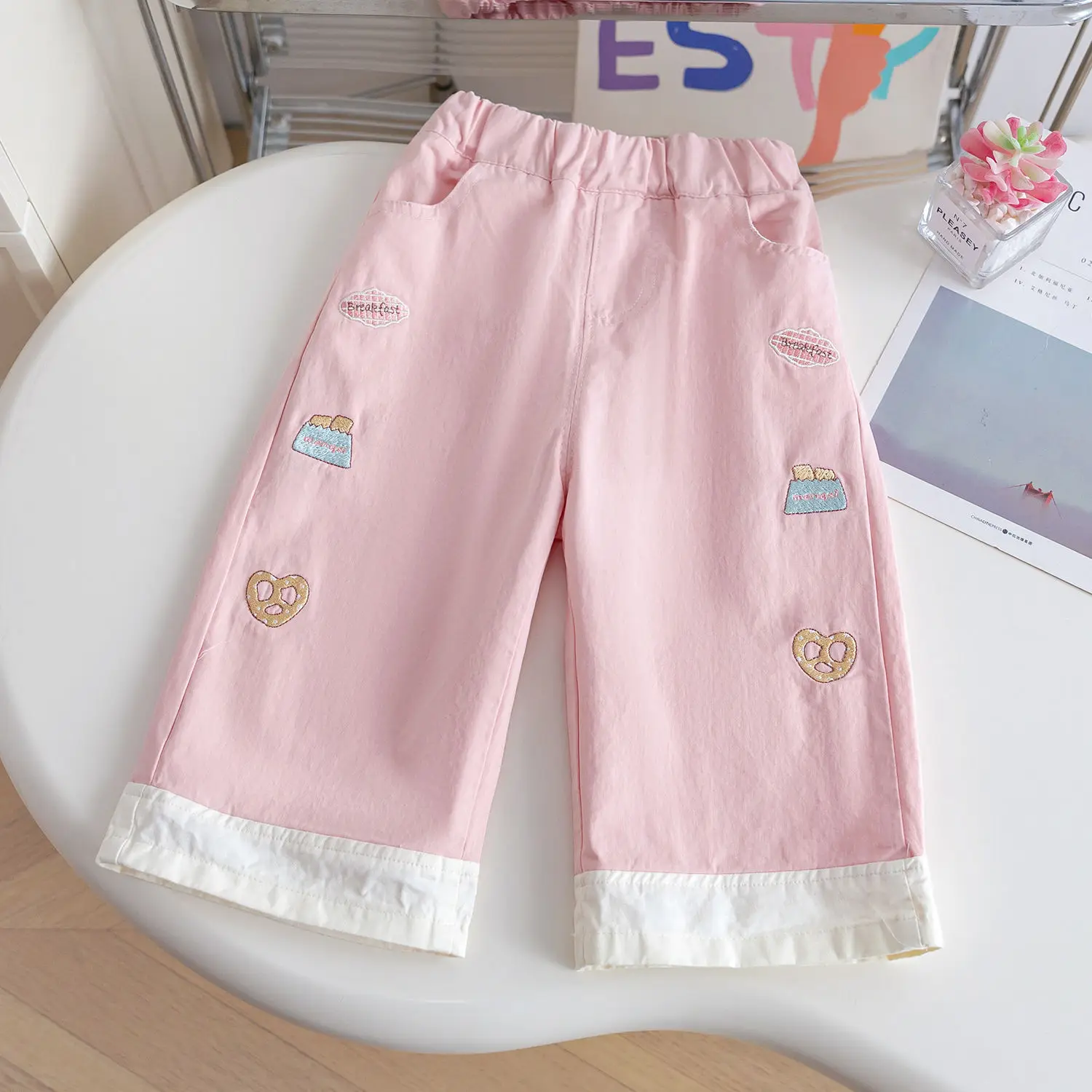 2026 New Spring Korean Style Girls Embroidered Straight Leg Pants Casual Daily Wear Long Trousers For Little Kids