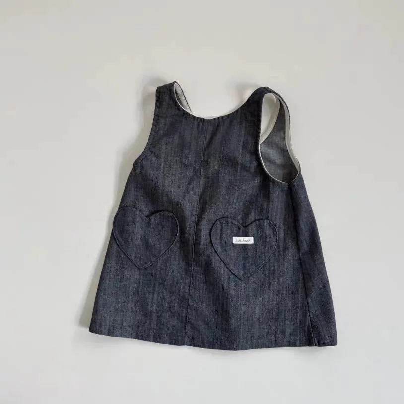 Q2825 Girls Summer Heart Print Bib Overalls Korean Style Dress Fashionable Clothing for Kids