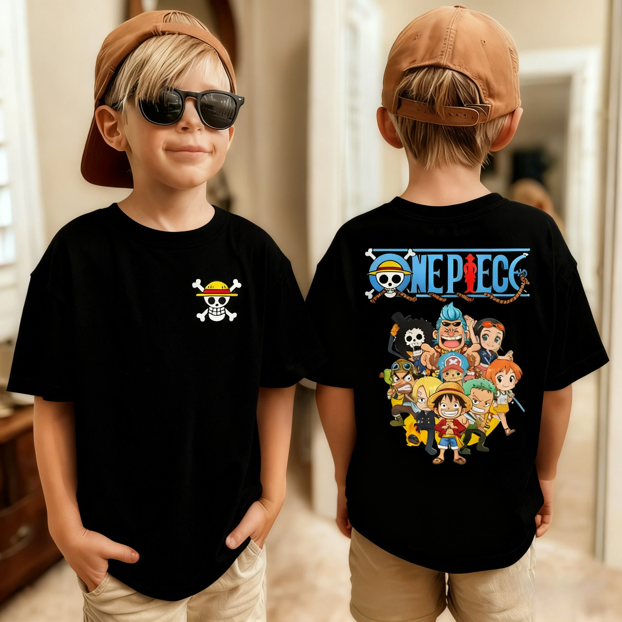 2026 One Piece Japanese Anime Print Boys' Short-Sleeve T-Shirt, Luffy Pattern, Pure Cotton Crew Neck Top, Suitable for Children.