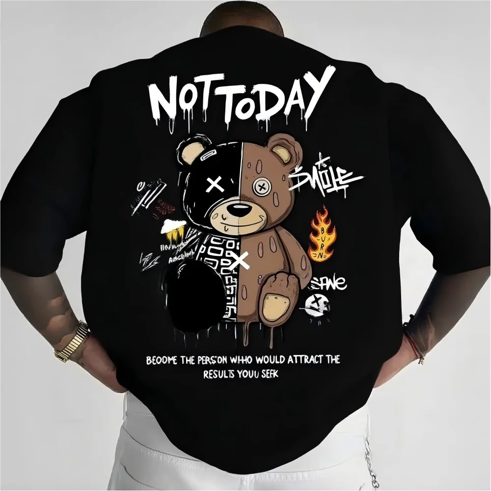 American Men's Summer Spliced Teddy Bear Letter Cherry Blossom Comfortable and Breathable Round Neck T-Shirt Outdoor Street Top