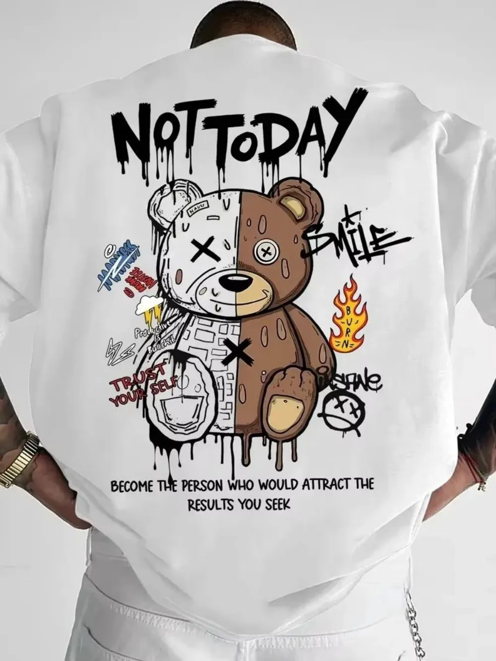 American Men's Summer Spliced Teddy Bear Letter Cherry Blossom Comfortable and Breathable Round Neck T-Shirt Outdoor Street Top
