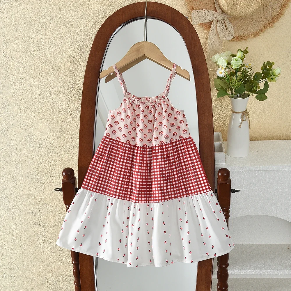 Bear Leader Korean Version Sweet and Cute Girls Clothing Suspender Printed Checkered Patchwork Dress New Summer Kids Clothes
