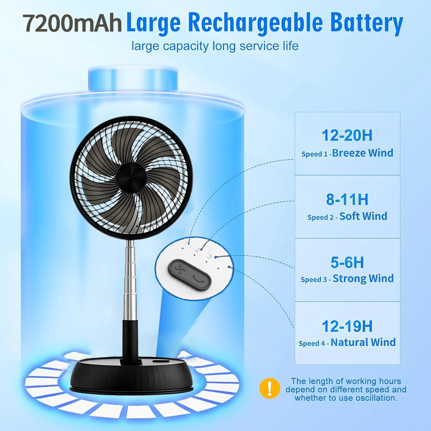 Home Bedroom Outdoor Camping Foldable Vertical Desktop Electric Fan Remote Control Silent Timed Left Right Rotation Black Fan