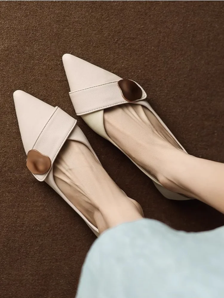Pointed Toe Low Heel Pumps for Women, New Metal Buckle Soft Leather Office Shoes, French Style Chunky Heel Work Flats