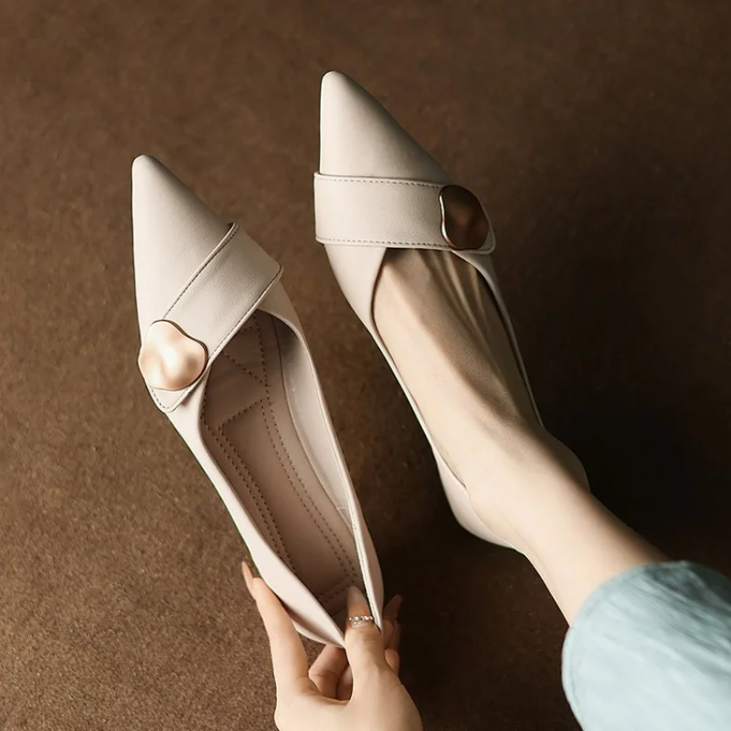 Pointed Toe Low Heel Pumps for Women, New Metal Buckle Soft Leather Office Shoes, French Style Chunky Heel Work Flats