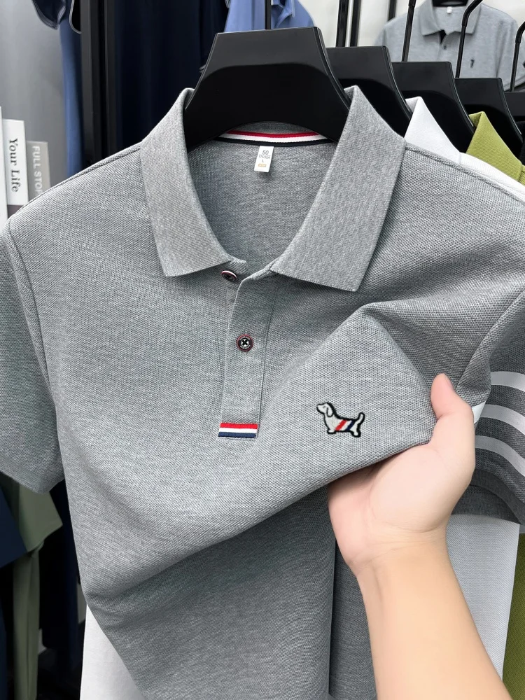 High end 100% cotton short sleeve polo shirt men luxury brand cute dog design Korean casual summer golf fashion striped T-shirt