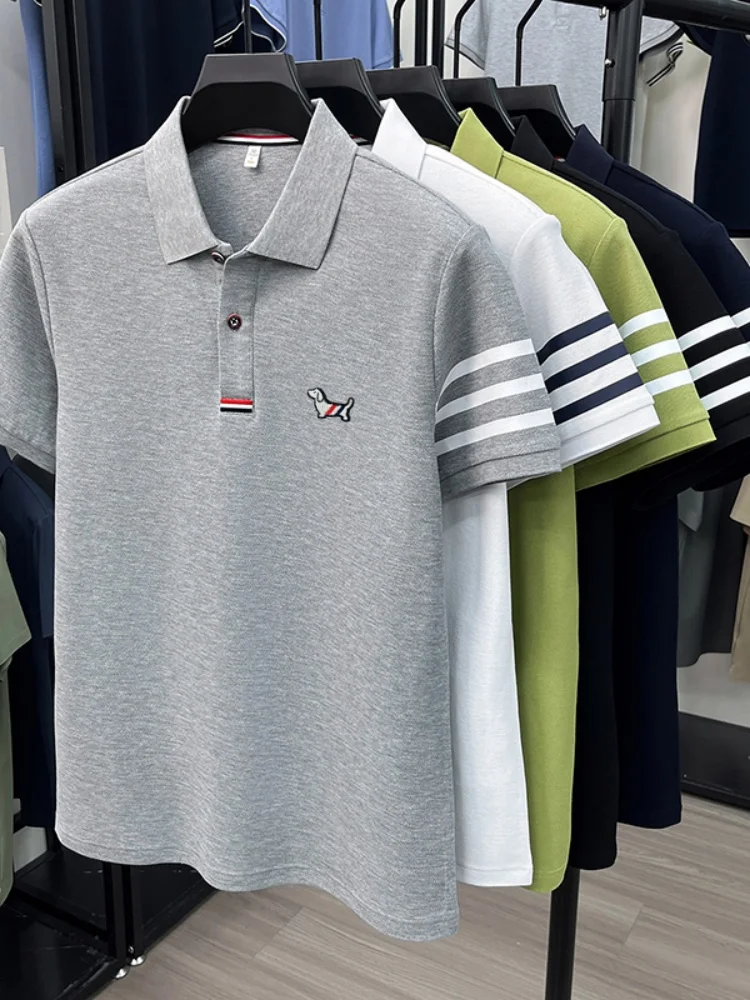 High end 100% cotton short sleeve polo shirt men luxury brand cute dog design Korean casual summer golf fashion striped T-shirt