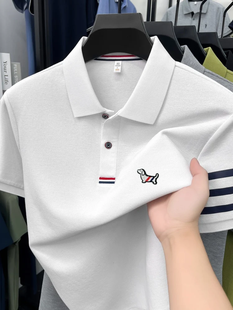 High end 100% cotton short sleeve polo shirt men luxury brand cute dog design Korean casual summer golf fashion striped T-shirt