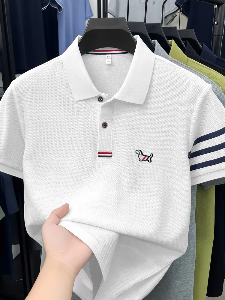 High end 100% cotton short sleeve polo shirt men luxury brand cute dog design Korean casual summer golf fashion striped T-shirt