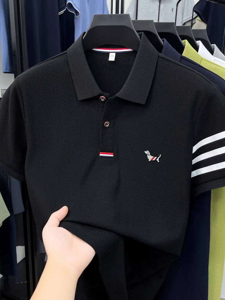 High end 100% cotton short sleeve polo shirt men luxury brand cute dog design Korean casual summer golf fashion striped T-shirt