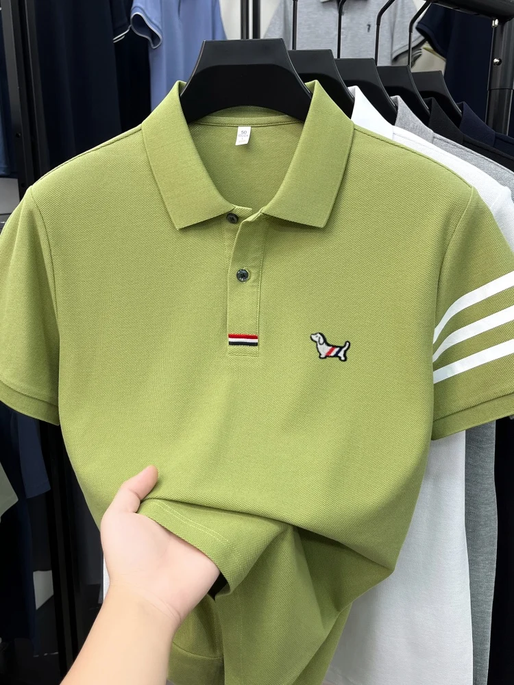 High end 100% cotton short sleeve polo shirt men luxury brand cute dog design Korean casual summer golf fashion striped T-shirt
