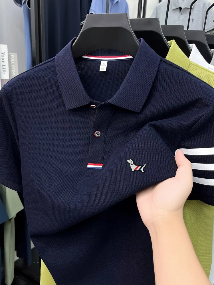 High end 100% cotton short sleeve polo shirt men luxury brand cute dog design Korean casual summer golf fashion striped T-shirt