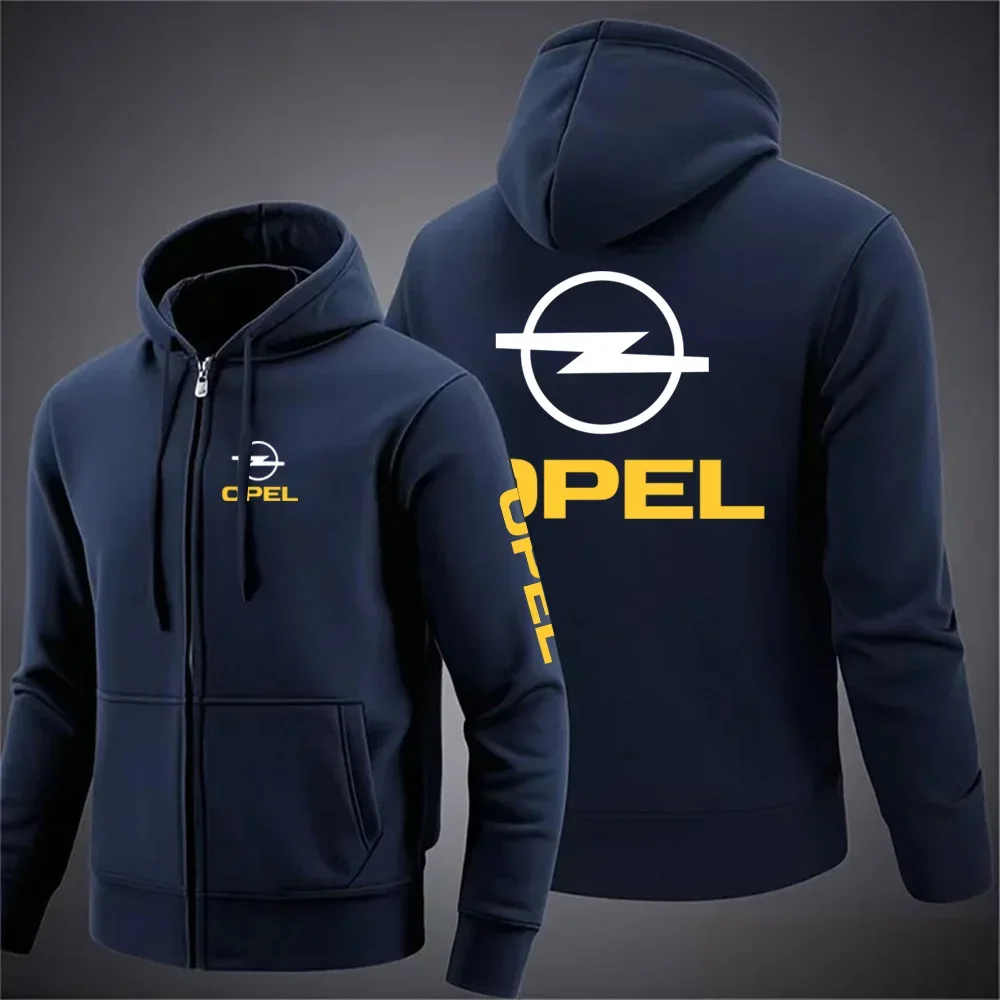Opel 2026 men's new long sleeved comfortable solid color jacket with hood and printed zipper casual sportswear hooded sweatshirt