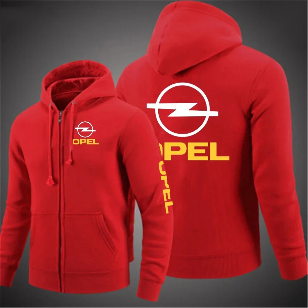 Opel 2026 men's new long sleeved comfortable solid color jacket with hood and printed zipper casual sportswear hooded sweatshirt