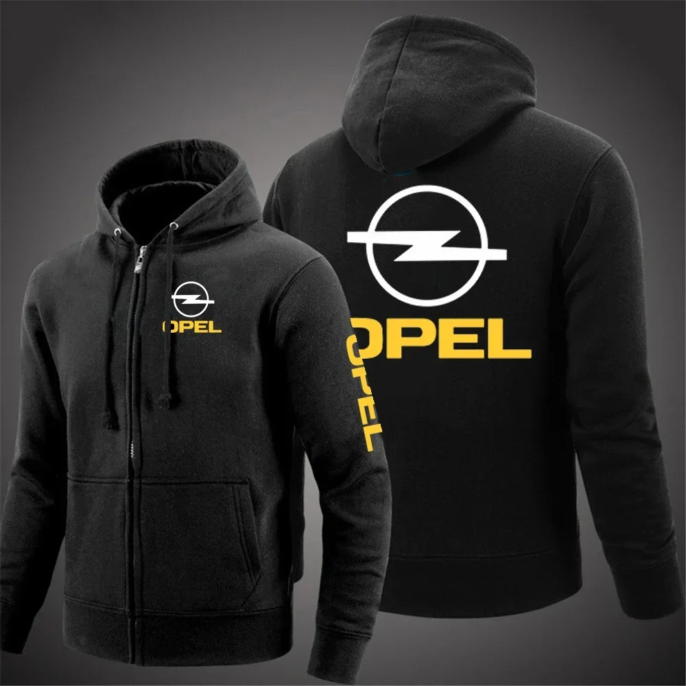 Opel 2026 men's new long sleeved comfortable solid color jacket with hood and printed zipper casual sportswear hooded sweatshirt